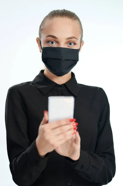 Woman Mask Looking Phone Isolated White Studio Background — Stock Photo, Image