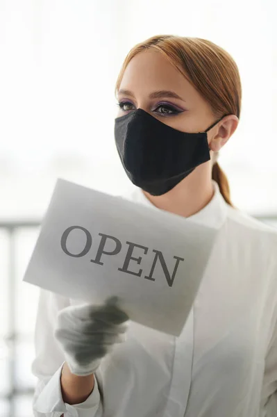 Reopen Business Virus Pandemic Young Woman Turn Door Sign — Stock Photo, Image