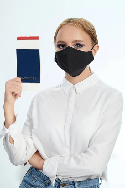 Young Woman Mask Hold Passport Airplane Ticket Isolated White Studio — Stock Photo, Image