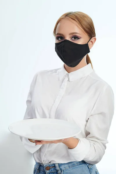 Portrait Waitress Black Mask Isolated White Studio Background — Stock Photo, Image