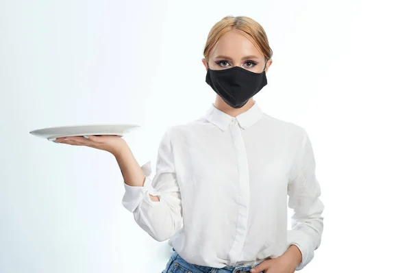 Waitress Mask Plate Hand Side Isolated White Studio Background — Stock Photo, Image