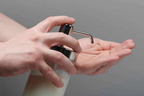 Sanitizing Hands Theme Pouring Soap Hands Close View — Stock Photo, Image