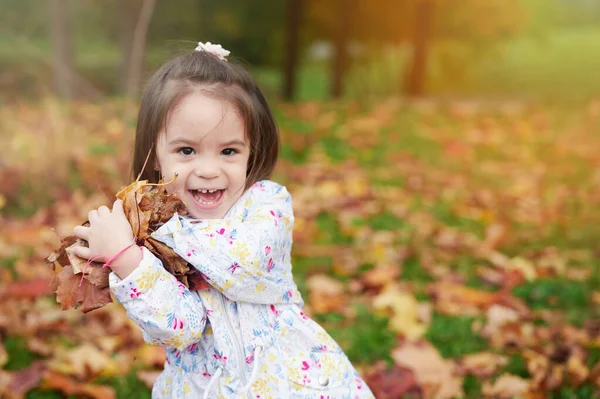 Портрет Счастливого Играющего Осеннем Парке Малыша Размытом Фоне — стоковое фото