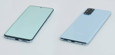 New York, ABD - 18 Ekim 2020: Mavi Samsung galaksisi s20 artı izometrik izole görüş