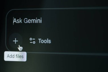 New York, ABD - 22 Ağustos 2025: Google gemini sohbet robotuna bilgisayarın arka plan makrosu üzerine dosya ekle