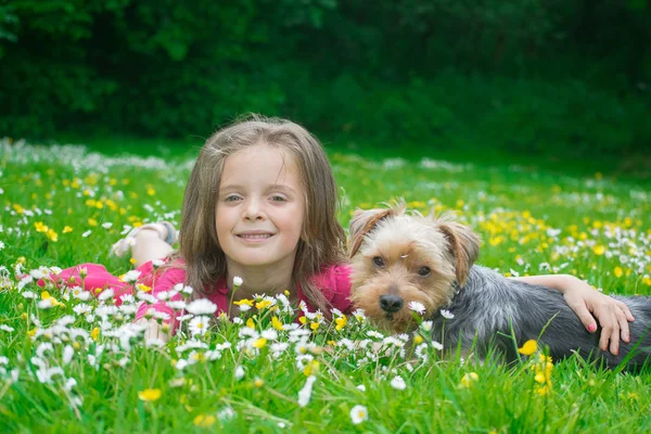 Happy Little Girl Her Dog Out Park — Stock Photo, Image