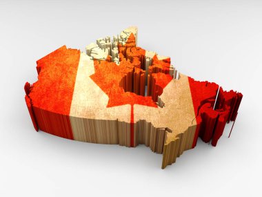 3D desenli Kanada haritası beyaz arka planda Kanada bayrağı