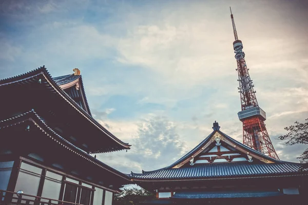 Templet Zojo Och Tokyo Tower Vid Solnedgången Japan — Stockfoto