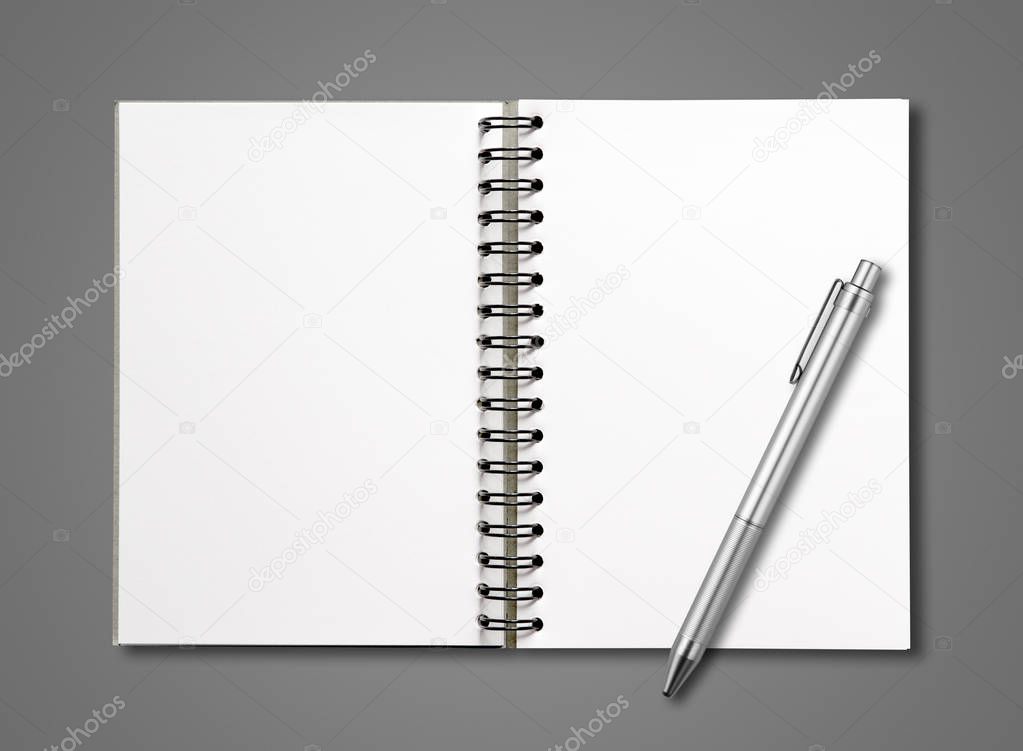 Blank open spiral notebook and pen mockup isolated on dark grey