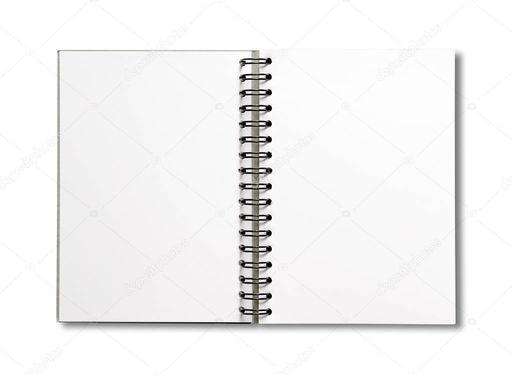 Blank open spiral notebook mockup isolated on white