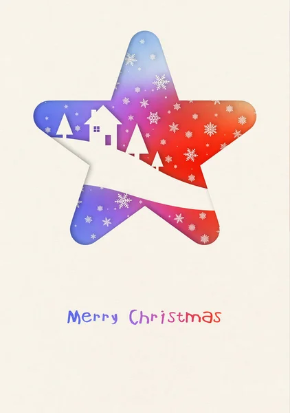 Vintage Merry Christmas card with a house in a rainbow star