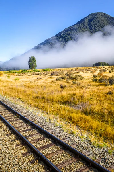 Railway Mountain Fields Landscape New Zealand Alps — Stock Photo, Image