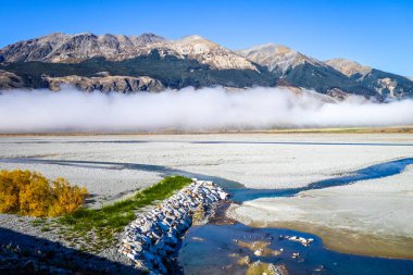 Sarı orman ve nehir Yeni Zelanda Alpleri'nde