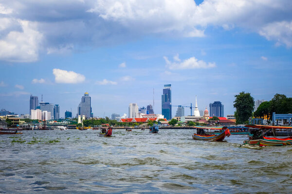 Boats on Chao Phraya River in Bangkok, Thailand