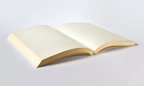 Old open blank book isolated on grey — Stok Foto