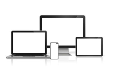 Bilgisayar ve telefon seti mockup beyaz izole. 3B render 