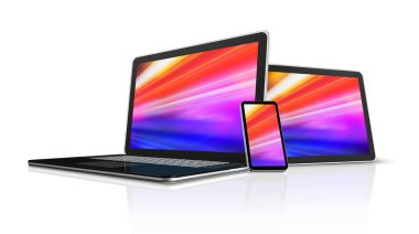 Dizüstü bilgisayar, tablet ve telefon seti mockup beyaz izole. 3B render