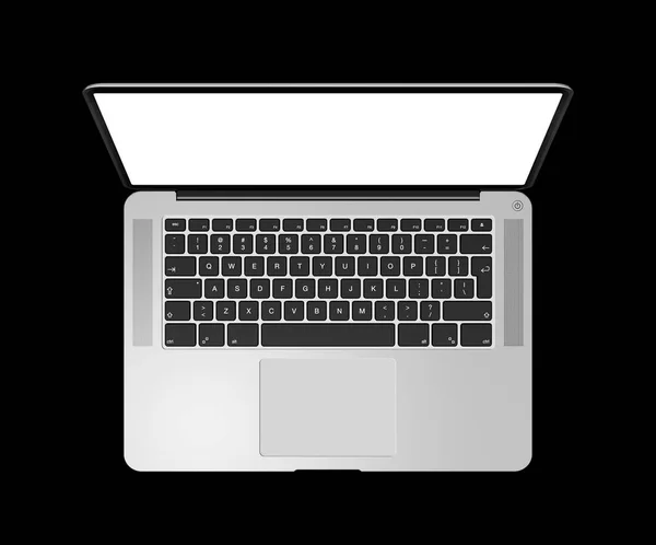 Открытый вид сверху ноутбука с затемненным экраном, изолированным черным цветом. 3D re — стоковое фото