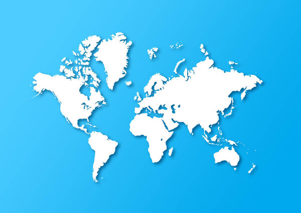 Detailed world map isolated on a blue background with shadows