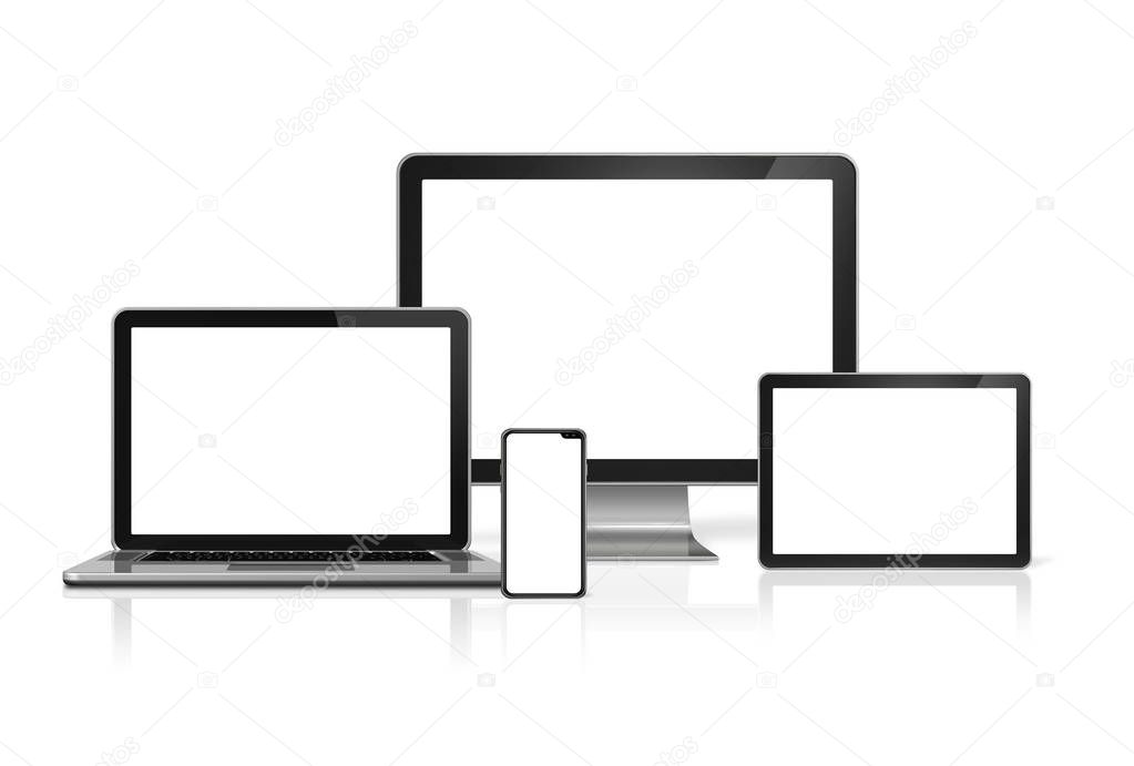 Computers and phone set mockup isolated on white. 3D render 