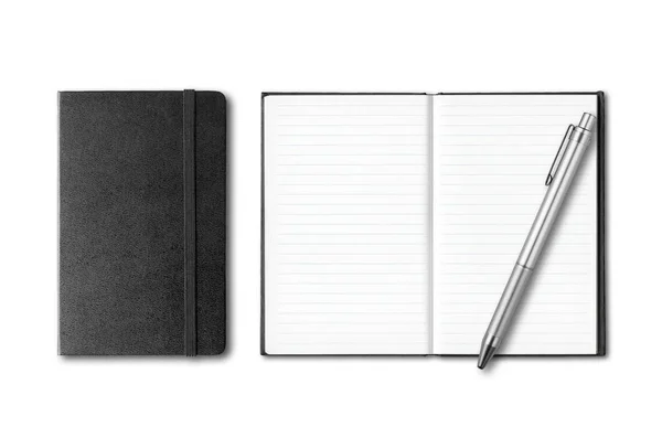 Carnets noirs fermés et ouverts avec stylo isolé sur blanc — Photo