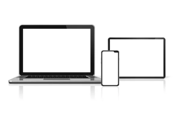 Laptop, tablet e telefone set mockup isolado em branco. Renderização 3D — Fotografia de Stock