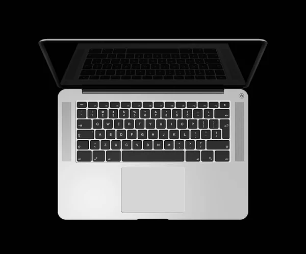 Open laptop top view with black screen, isolated on black. 3D re — Stock Photo, Image