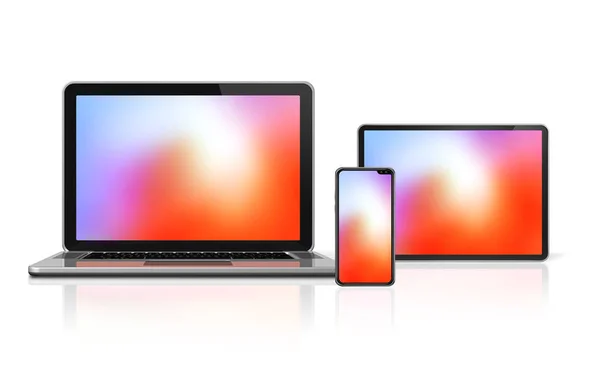 Laptop, tablet and phone set mockup isolated on white. 3D render — Stock Photo, Image