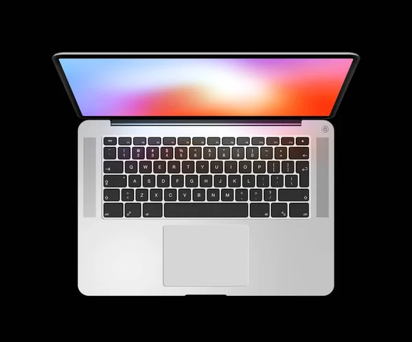Öppen laptop övre vy med färgglada skärmen, isolerad på svart. 3d — Stockfoto
