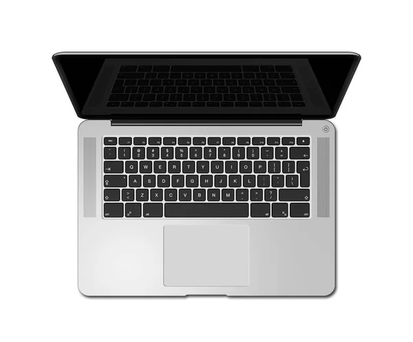 Offene Laptop-Ansicht mit schwarzem Bildschirm, isoliert auf weiß. 3d re — Stockfoto