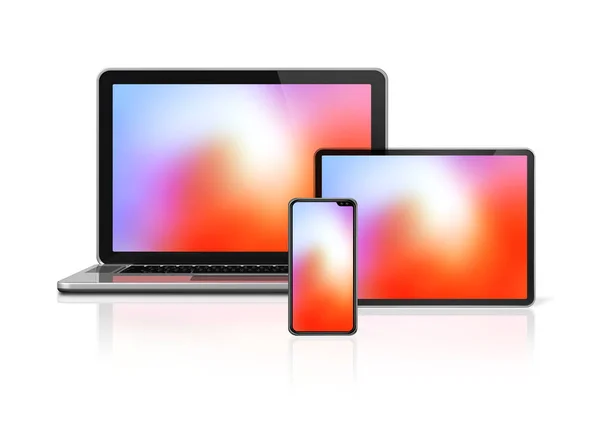 Laptop, Tablet und Telefon setzen Attrappen isoliert auf weiß. 3D-Darstellung — Stockfoto
