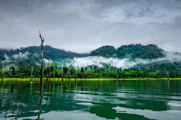 Nebliger Morgen am Cheow lan Lake, Khao sok Nationalpark, Thailand — Stockfoto