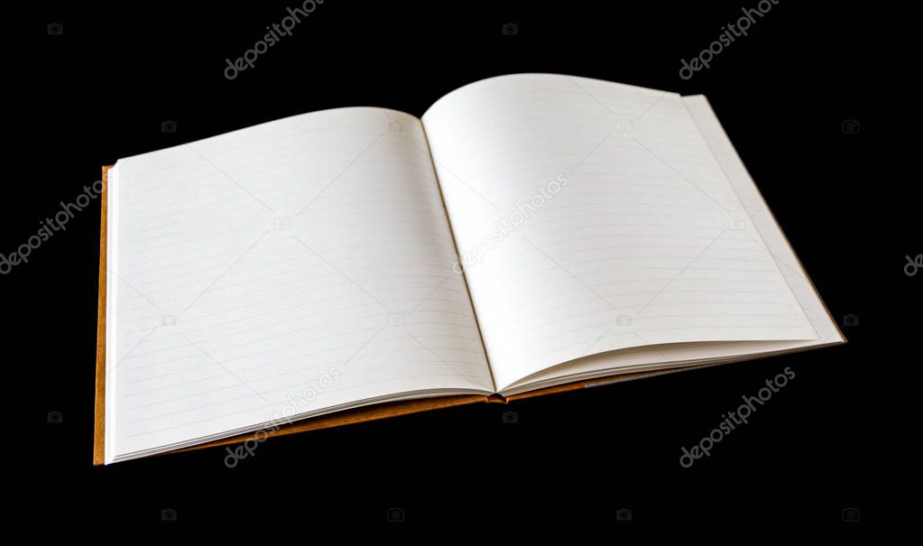 Open blank notebook isolated on black