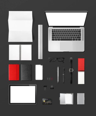 Ofis masası markalama mockup üst görünümü siyah izole