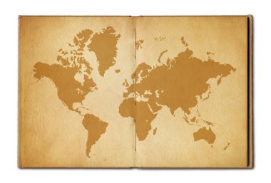 Vintage world map on an old open book clipart