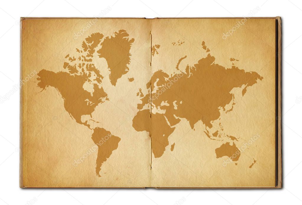 Vintage world map on an old open book