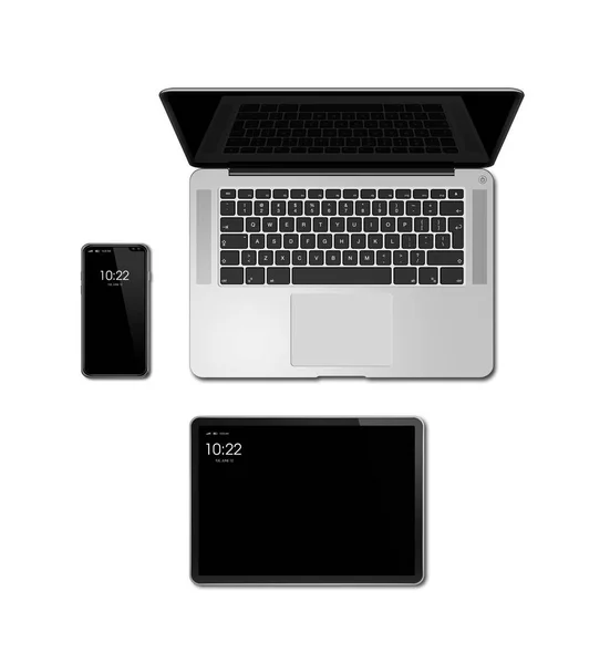 Laptop, tablet e telefone set mockup isolado em branco. Renderização 3D — Fotografia de Stock