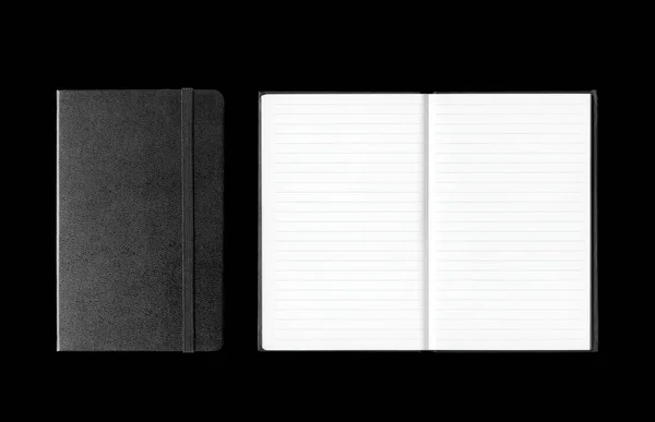 Closed and open notebooks isolated on black — Stock Photo, Image