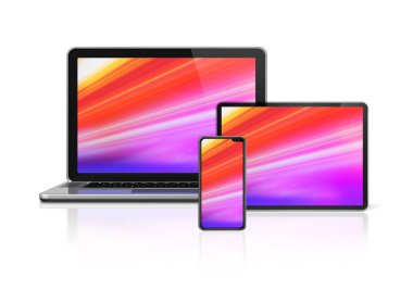Dizüstü bilgisayar, tablet ve telefon seti mockup beyaz izole. 3B render
