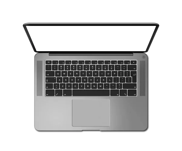 Открытый вид сверху ноутбука с затемненным экраном, изолированным на белом. Темная — стоковое фото