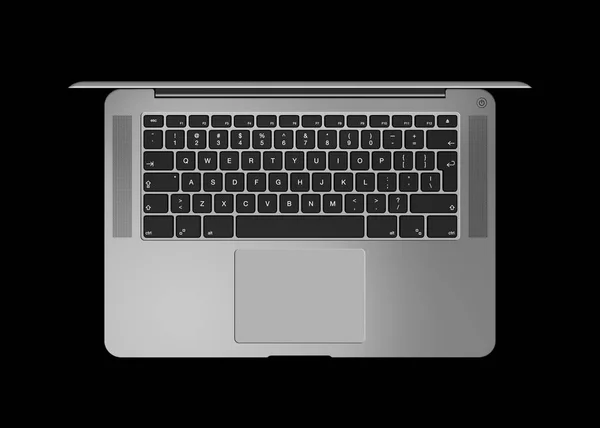 Темне срібло Відкритий ноутбук. Вид зверху 3D візуалізація ізольовано на чорному — стокове фото