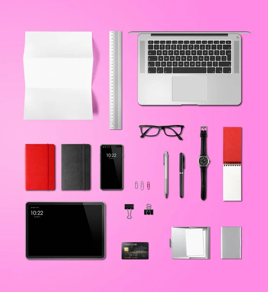 Office desk branding mockup top view isolated on pink — Stock fotografie