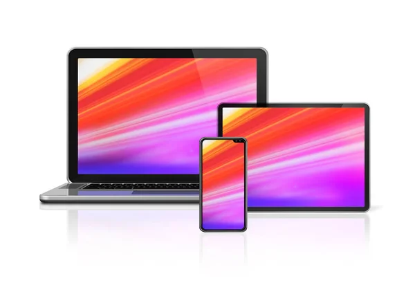 Laptop, tabletă și telefon set mockup izolat pe alb. Redare 3D — Fotografie, imagine de stoc