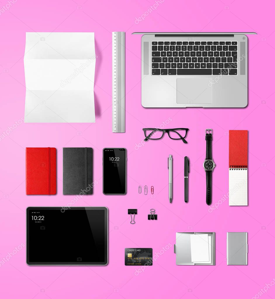 Office desk branding mockup top view isolated on pink