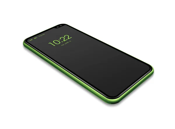 Mockup smartphone all-screen nero e verde isolato su bianco . — Foto Stock