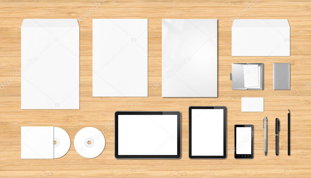 Corporate branding mockup template, isolated on wooden desk background