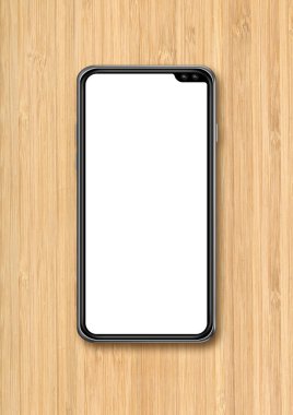 Ahşap masa arkasında modern boş akıllı telefon modeli. 3 Boyutlu Hazırlama