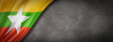 Beton duvarda Burma Myanmar bayrağı. Yatay panoramik pankart. 3B illüstrasyon