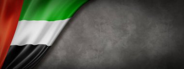 Beton duvarda Birleşik Arap Emirlikleri bayrağı var. Yatay panoramik pankart. 3B illüstrasyon