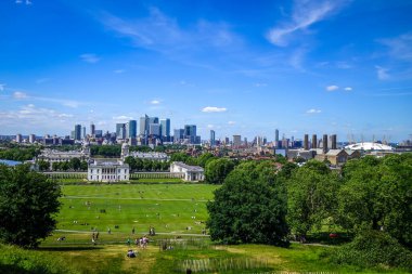 Canary Wharf panoramik görüntüsü Greenwich Park, Londra, İngiltere